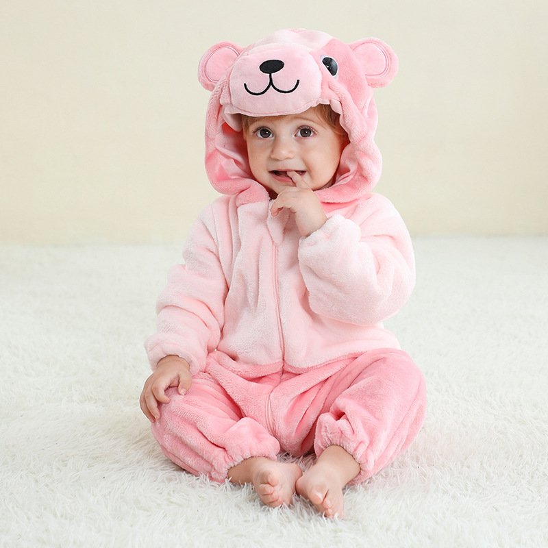 Wholesale Infant Baby Boys Jumpsuits Hooded Cute Animal Print Soft Flannel Long Sleeve Romper Baby Rompers