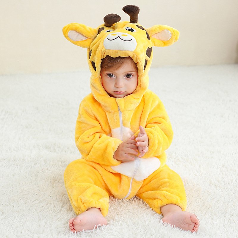 Wholesale Infant Baby Boys Jumpsuits Hooded Cute Animal Print Soft Flannel Long Sleeve Romper Baby Rompers