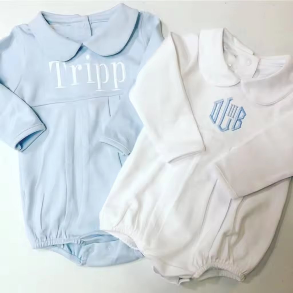 Monogrammed 100%Combed Cotton Infant Baby Clothes Pan Collar Unisex Baby Long Sleeve Blank Bubble Romper Coming Home Outfit