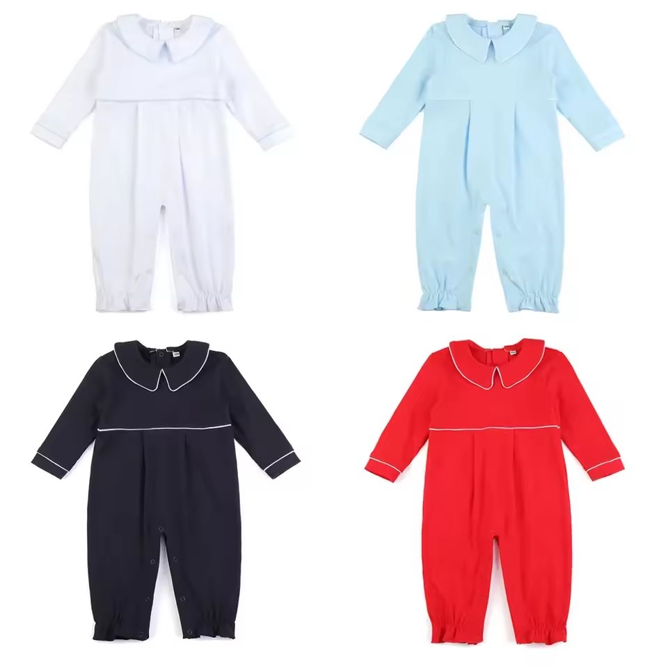 Monogrammed 100%Combed Cotton Infant Baby Clothes Pan Collar Unisex Baby Long Sleeve Blank Bubble Romper Coming Home Outfit