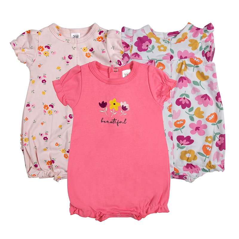 Wholesale Baby Bubble Romper Summer Flat Corner Onesie 3-piece Set Baby Short Sleeve Romper Girl Clothes 0-12Months 66060