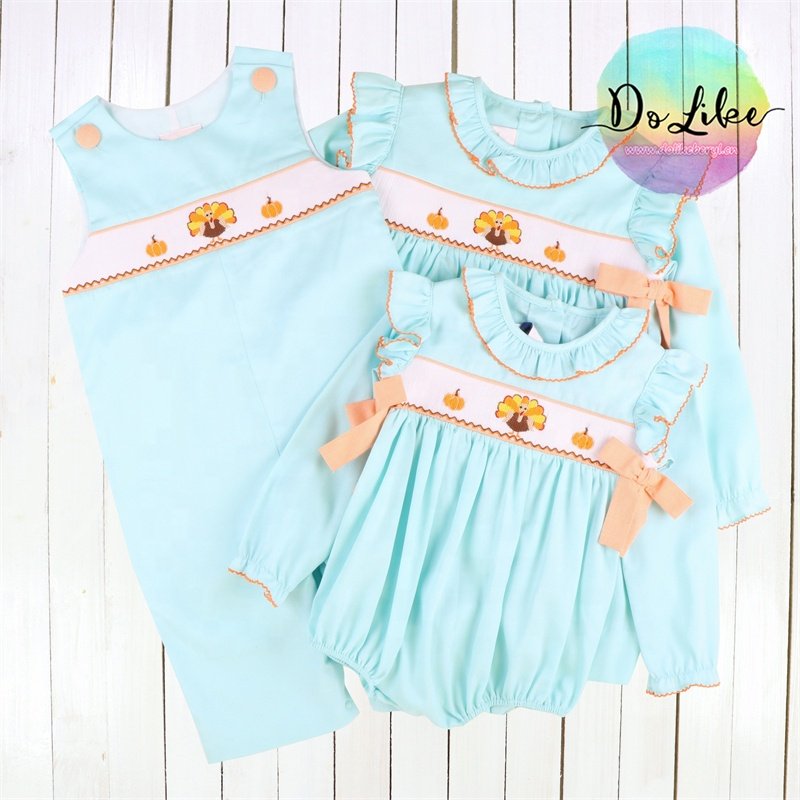 Kids Boutique Clothing Thanksgiving Children's clothes Stripes Pumpkin Smocked Baby Romper