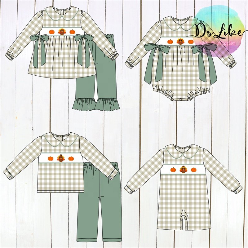 Kids Boutique Clothing Thanksgiving Children's clothes Stripes Pumpkin Smocked Baby Romper