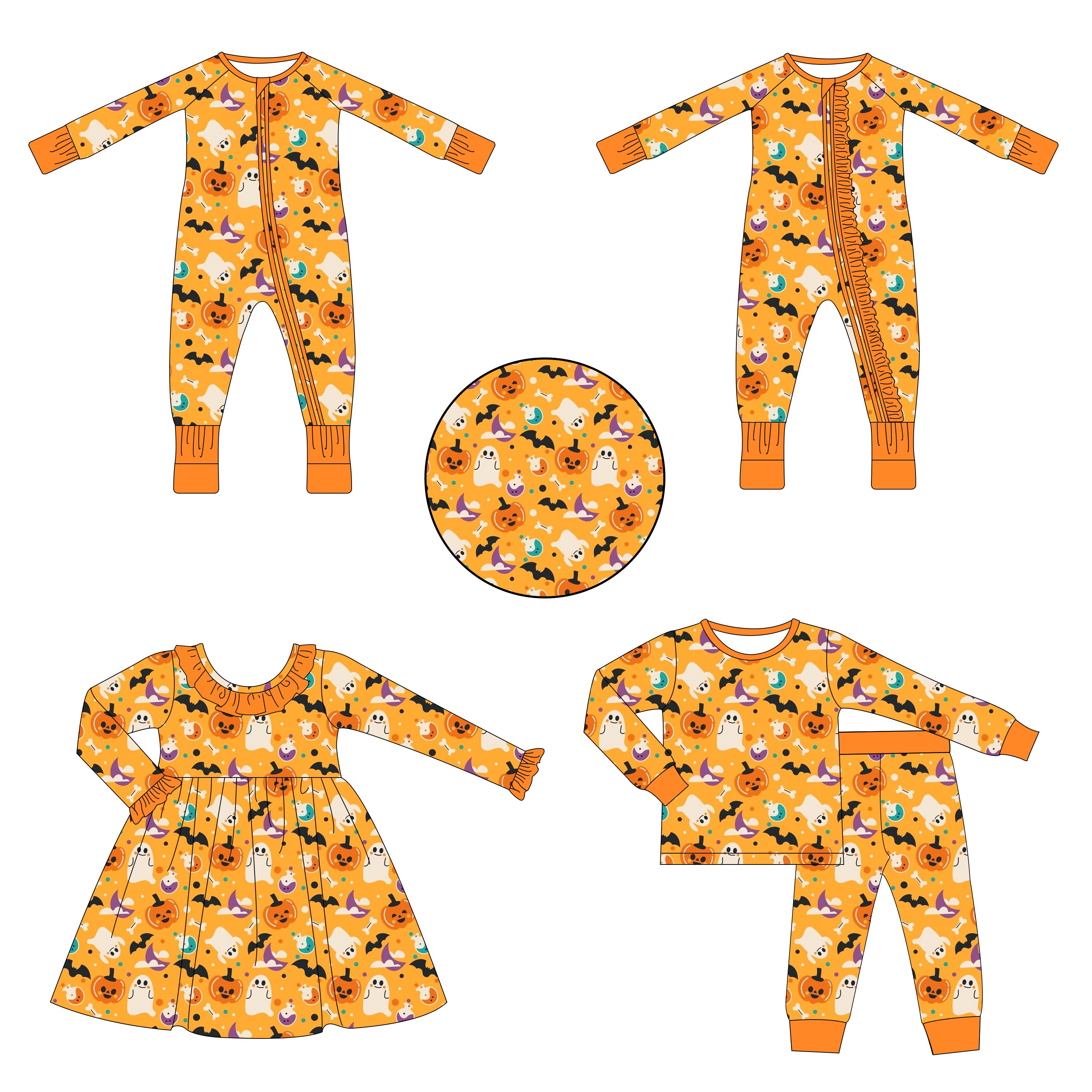 Halloween High Quality Custom Design Printed Bamboo Spandex Baby Romper Zipper Newborn Long Sleeve Baby Romper