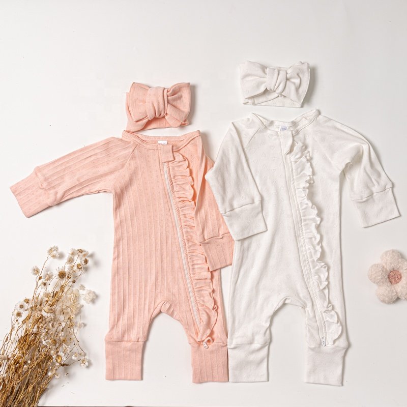 New Style Customized Solid Color Soft Ruffle frill basic long sleeve Newborn baby 100% Cotton Girl Baby Romper Outfits