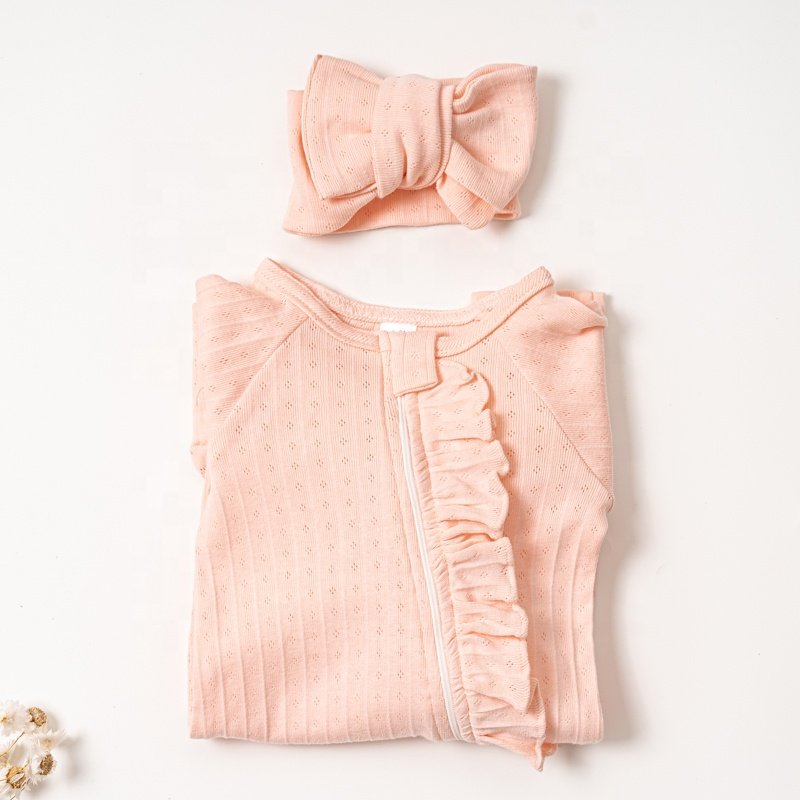 New Style Customized Solid Color Soft Ruffle frill basic long sleeve Newborn baby 100% Cotton Girl Baby Romper Outfits