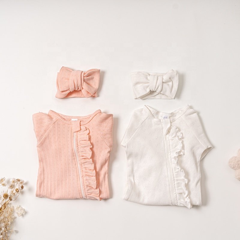 New Style Customized Solid Color Soft Ruffle frill basic long sleeve Newborn baby 100% Cotton Girl Baby Romper Outfits