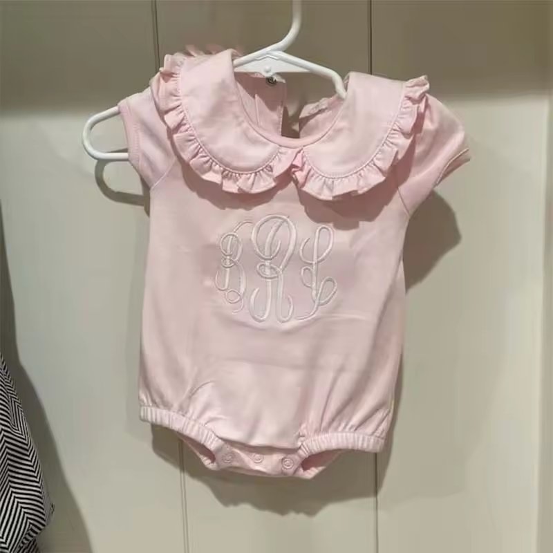 Personalized Baby Clothes Infant Girl Romper Blank Cotton Ruffle Collar New Born Baby Girl Bubble Toddler Girl Cup Sleeve Onesie