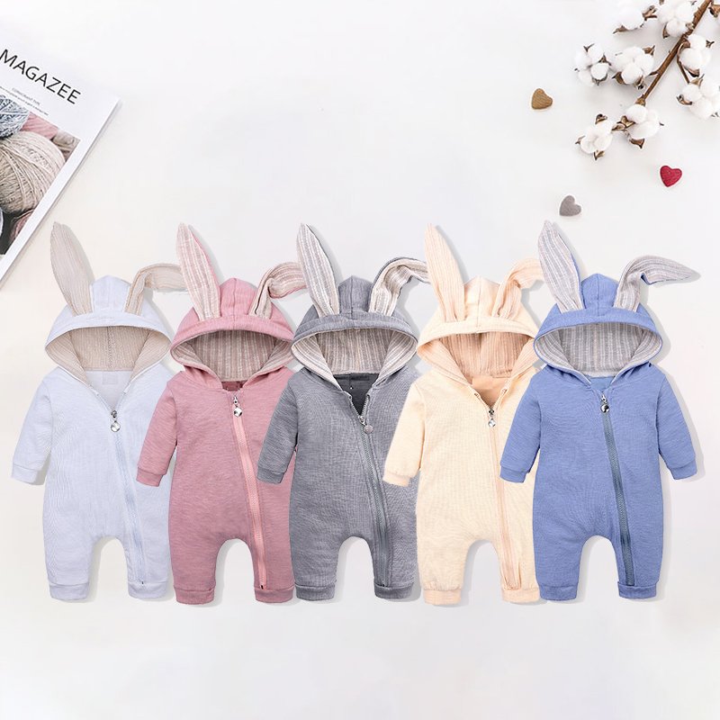 Newborn rabbit ears hooded zipper romper clothes infant girls boys cotton long sleeve clothing toddlers jumpsuit baby rompers