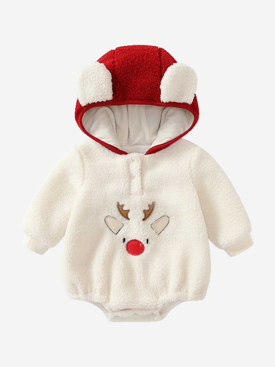 Autumn And Winter Wear Hat 2024 Baby Romper Solid Color Baby Long Sleeve Romper Cartoon Elk Christmas Baby Rompers