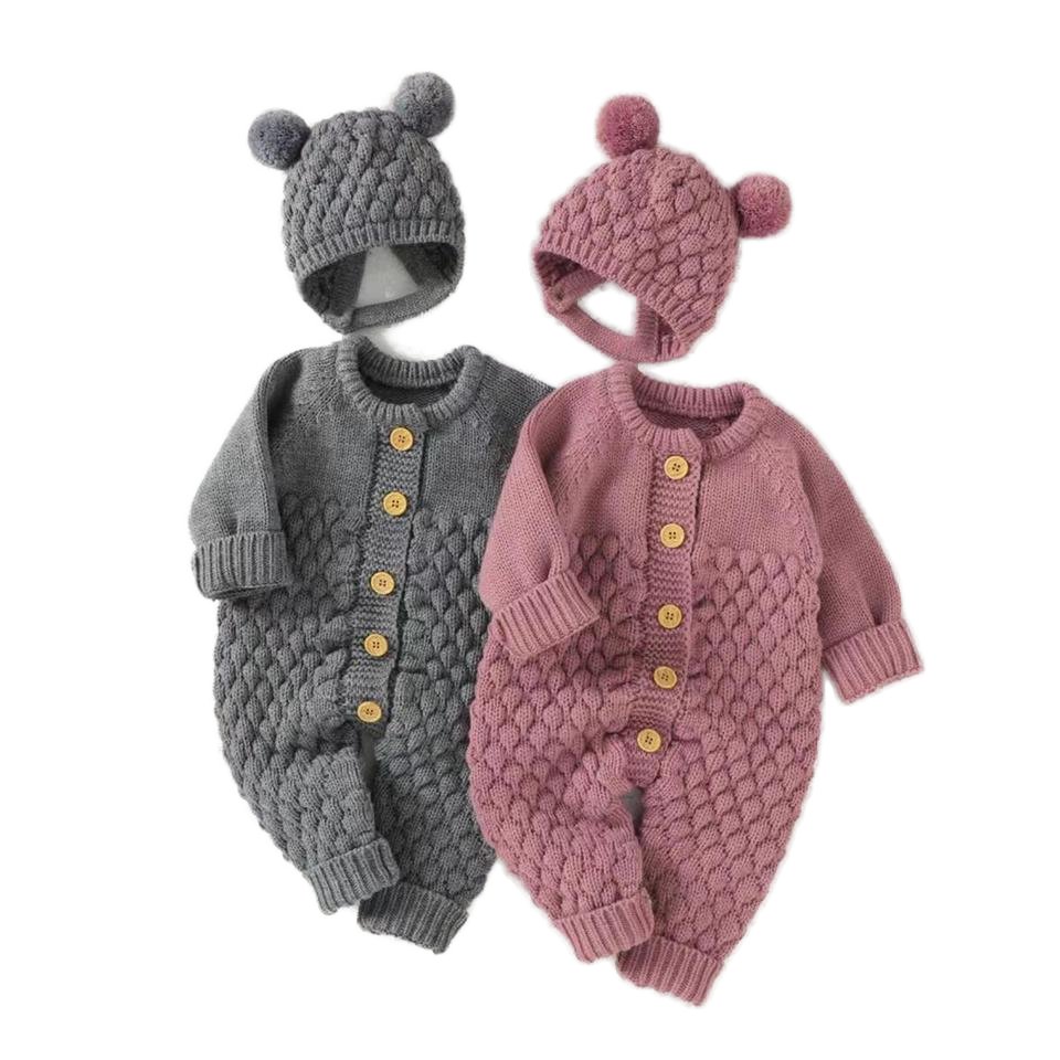 Autumn Winter Onesie for Baby Boys Girls Long Sleeve Knitting Rompers with Button Closure Pure Cotton Hooded Clothes for Kids