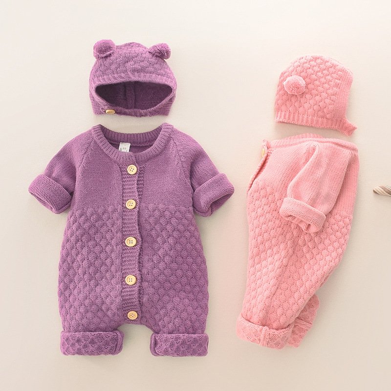 Autumn Winter Onesie for Baby Boys Girls Long Sleeve Knitting Rompers with Button Closure Pure Cotton Hooded Clothes for Kids
