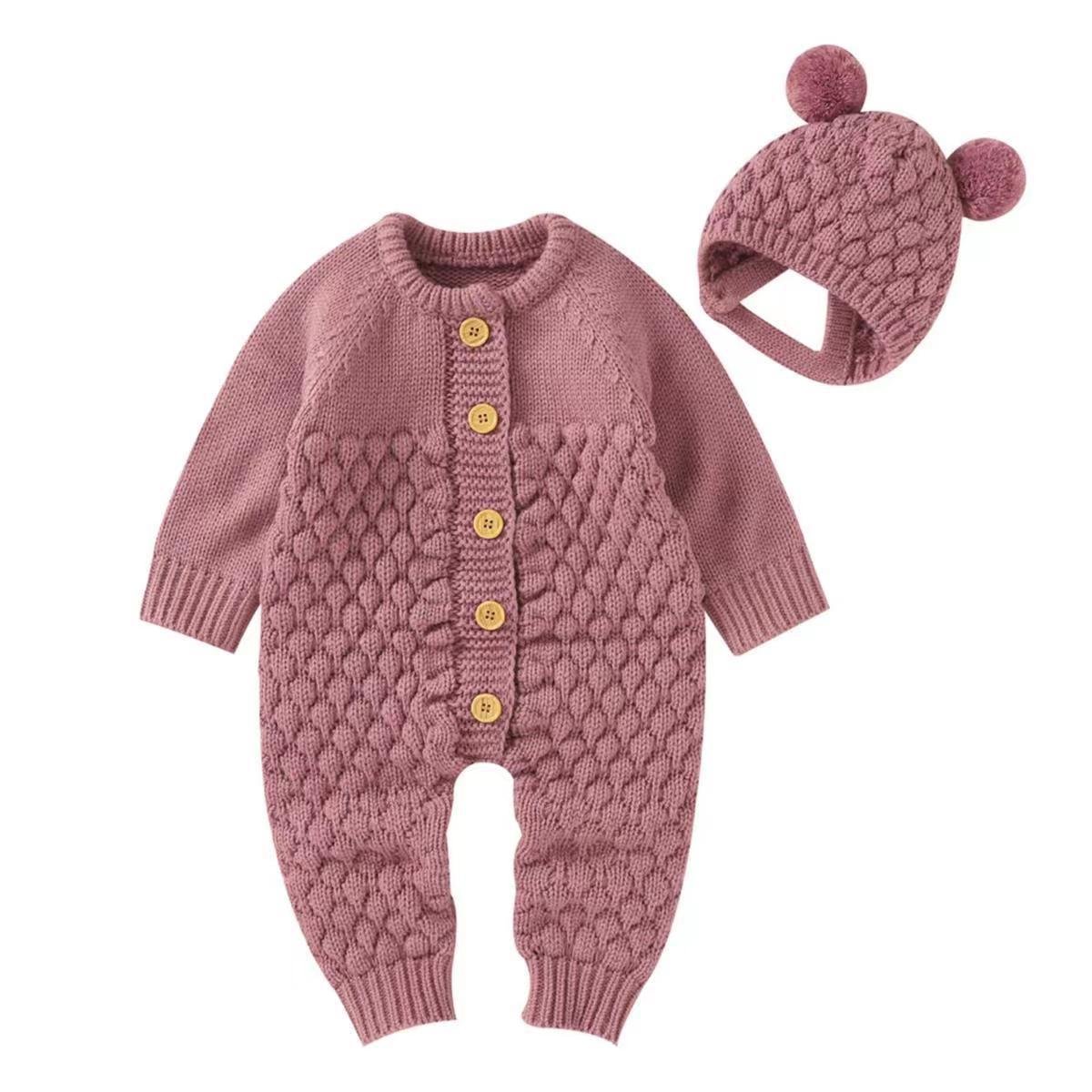 Autumn Winter Onesie for Baby Boys Girls Long Sleeve Knitting Rompers with Button Closure Pure Cotton Hooded Clothes for Kids