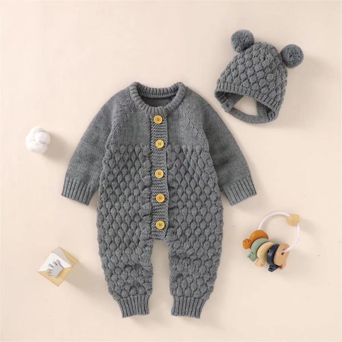 Autumn Winter Onesie for Baby Boys Girls Long Sleeve Knitting Rompers with Button Closure Pure Cotton Hooded Clothes for Kids