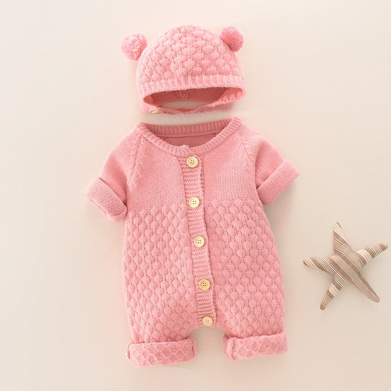 Autumn Winter Onesie for Baby Boys Girls Long Sleeve Knitting Rompers with Button Closure Pure Cotton Hooded Clothes for Kids