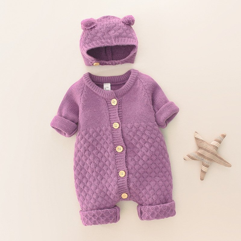 Autumn Winter Onesie for Baby Boys Girls Long Sleeve Knitting Rompers with Button Closure Pure Cotton Hooded Clothes for Kids
