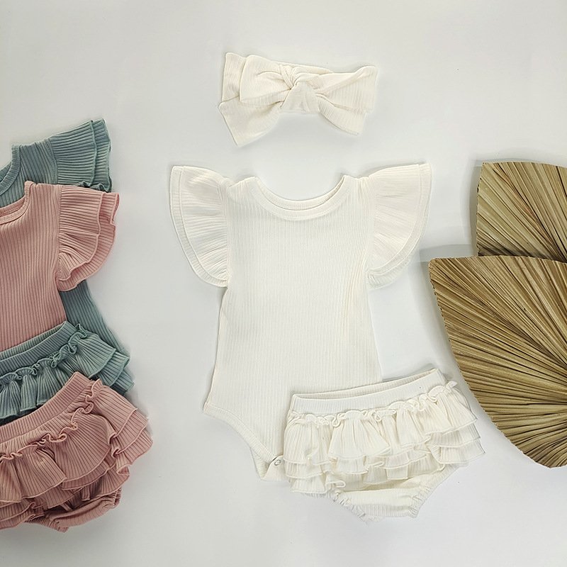 Summer Girls Layette Sets Clothing Ruffles Infant Baby Clothes Romper Set With Headband