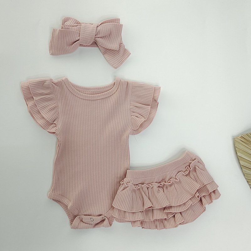 Summer Girls Layette Sets Clothing Ruffles Infant Baby Clothes Romper Set With Headband