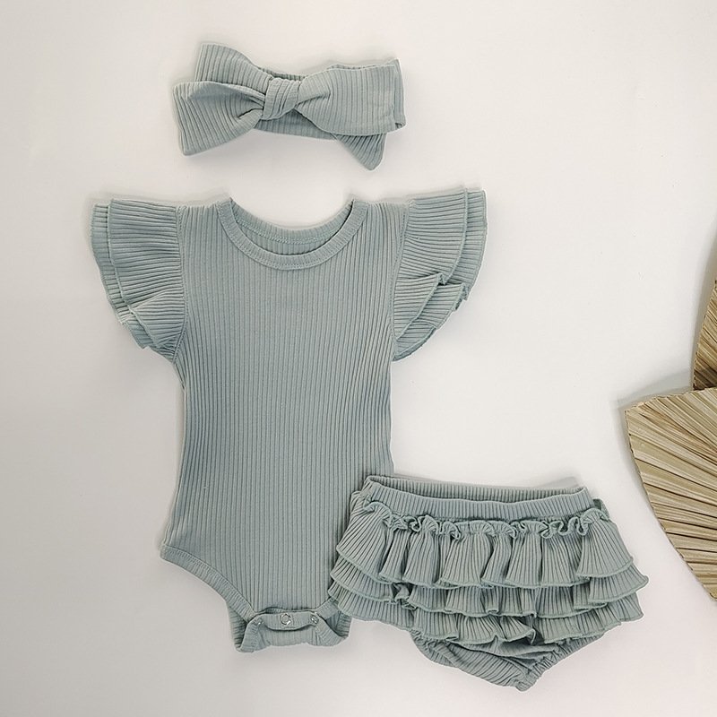 Summer Girls Layette Sets Clothing Ruffles Infant Baby Clothes Romper Set With Headband