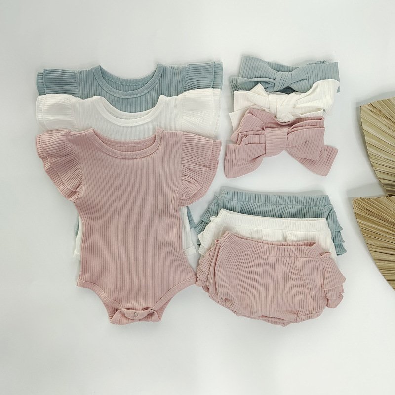 Summer Girls Layette Sets Clothing Ruffles Infant Baby Clothes Romper Set With Headband