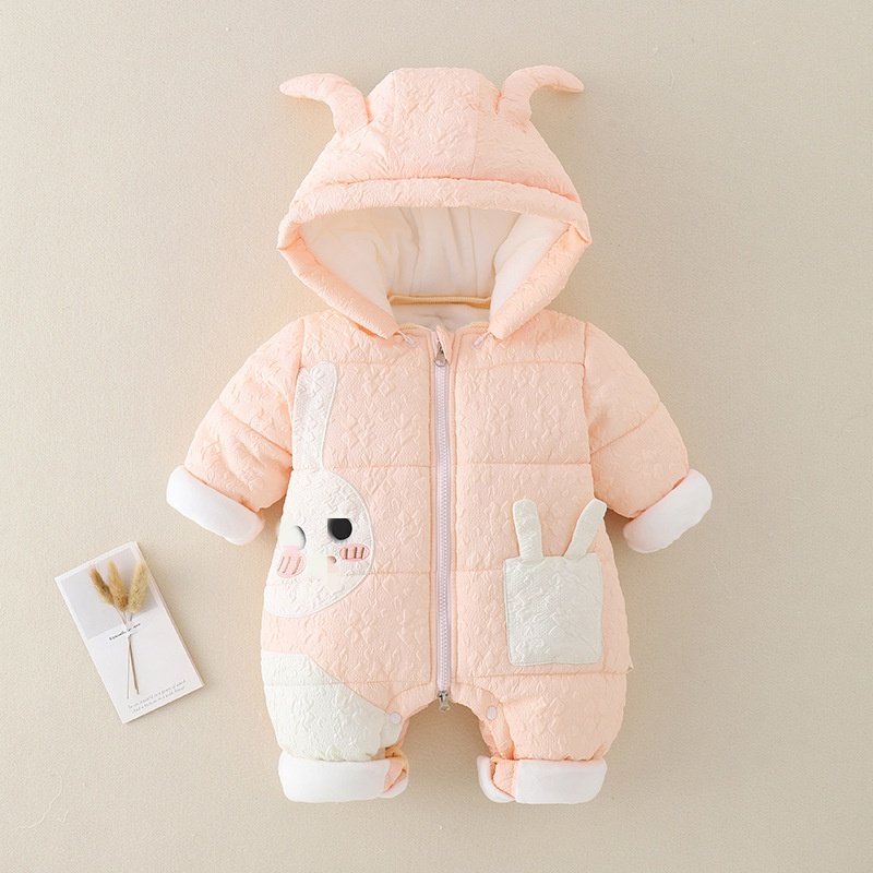 73-90cm Baby Rompers Wholesale Blue Pink Zipper Button Baby Winter Jumpsuit Cute Rabbit Design Romper With Hood Warm
