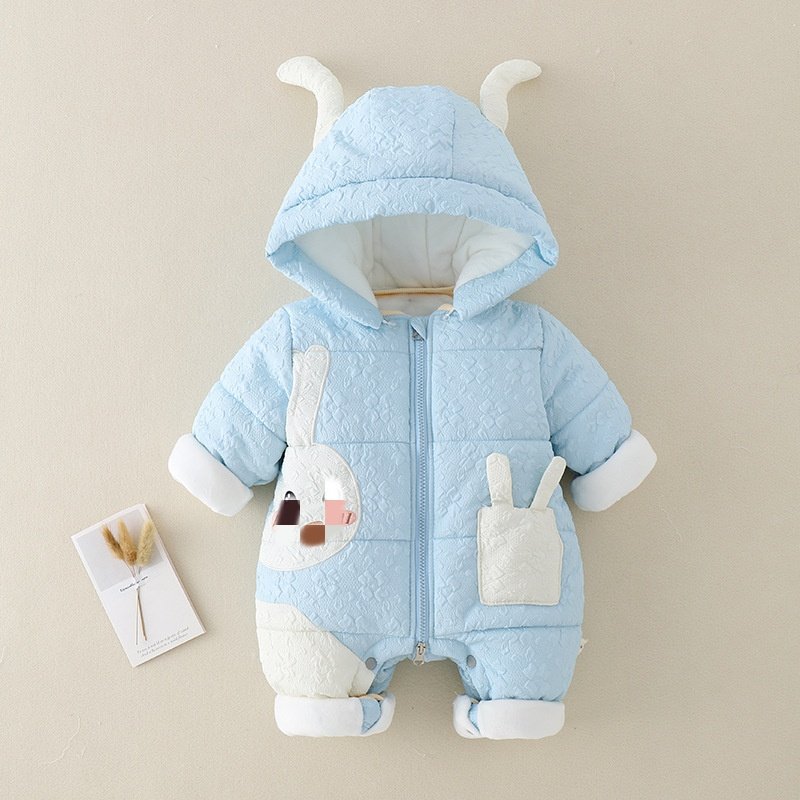 73-90cm Baby Rompers Wholesale Blue Pink Zipper Button Baby Winter Jumpsuit Cute Rabbit Design Romper With Hood Warm