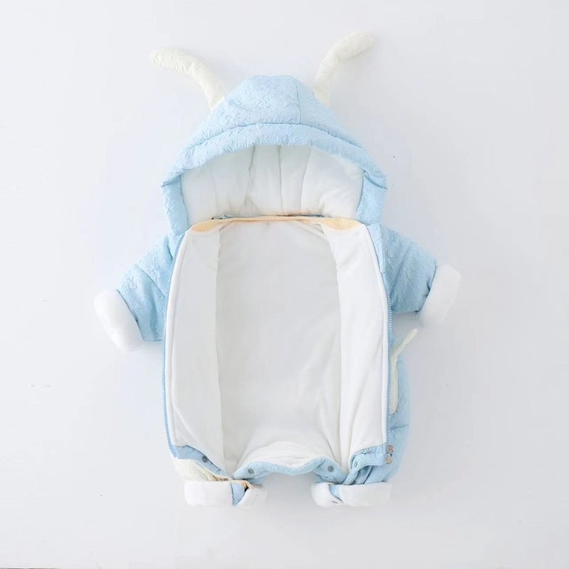 73-90cm Baby Rompers Wholesale Blue Pink Zipper Button Baby Winter Jumpsuit Cute Rabbit Design Romper With Hood Warm