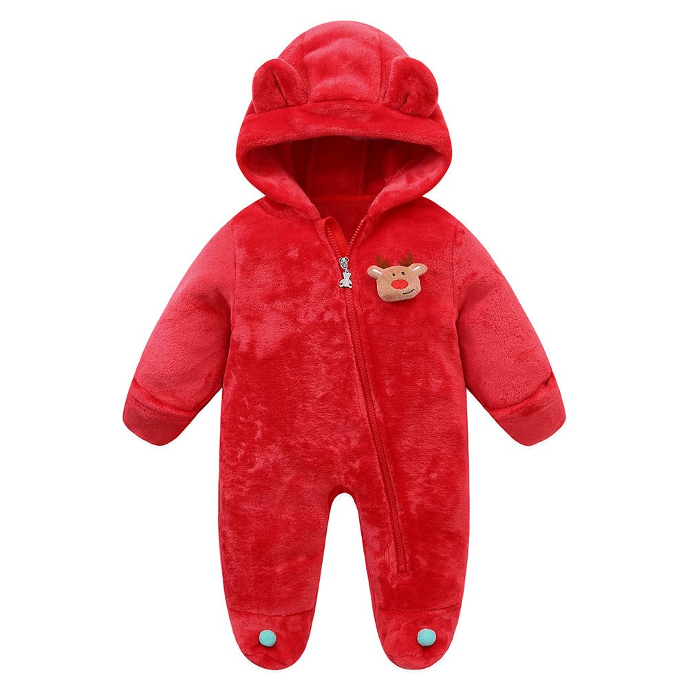 Stock lot plain polyester new born baby footie romper warm clothes long sleeve animal baby winter rompers wholesale