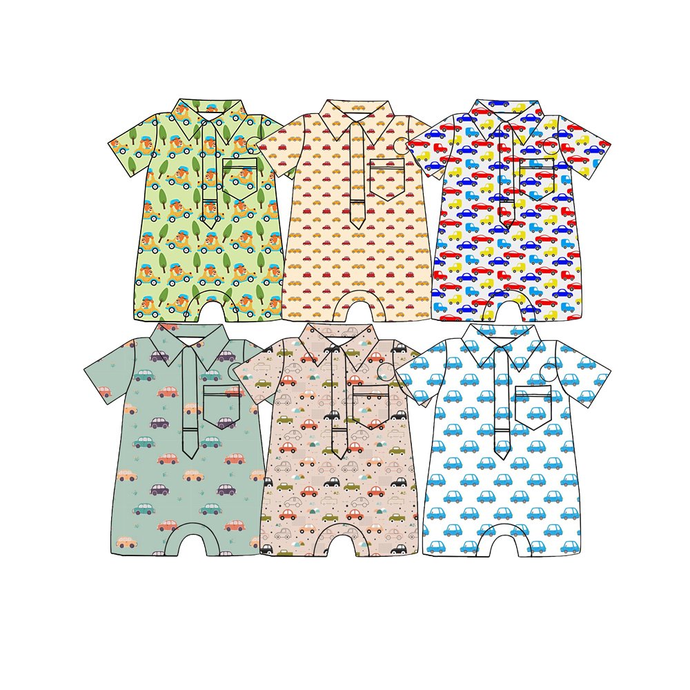 Car Printed Baby Romper Newborn Boy's Summer Bodysuit with Short Sleeves and Zipper Closure Infant Girls' Clothing