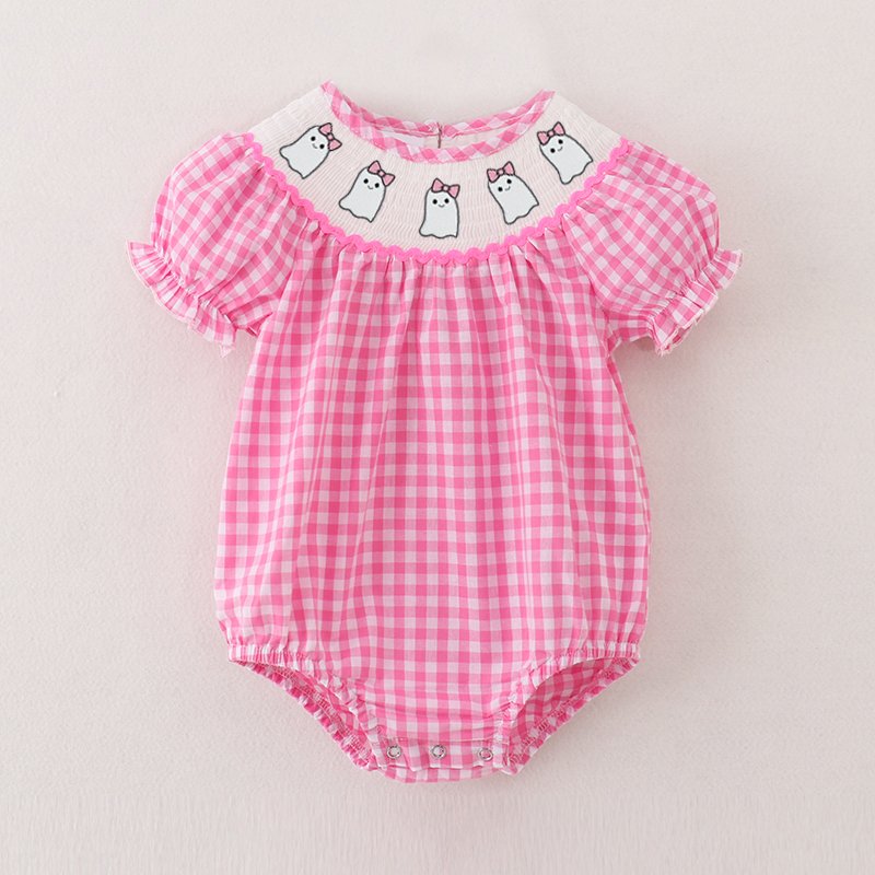 Infant Baby Girls Fall Halloween Pink Plaid Smocked Pumpkin Ghost Embroidery Romper Customized Kids Clothes Smocked Clothing