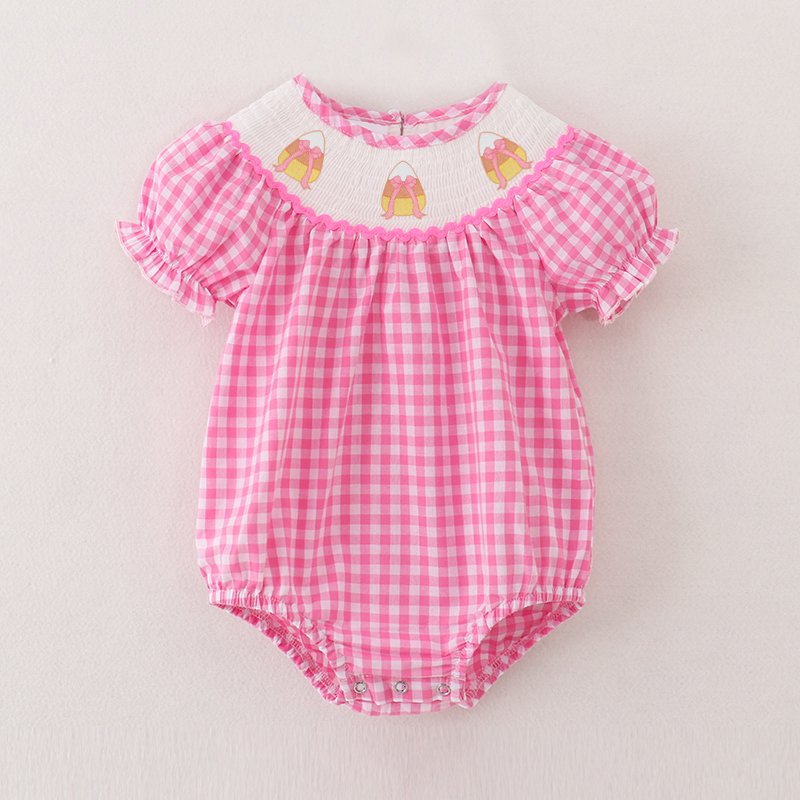 Infant Baby Girls Fall Halloween Pink Plaid Smocked Pumpkin Ghost Embroidery Romper Customized Kids Clothes Smocked Clothing