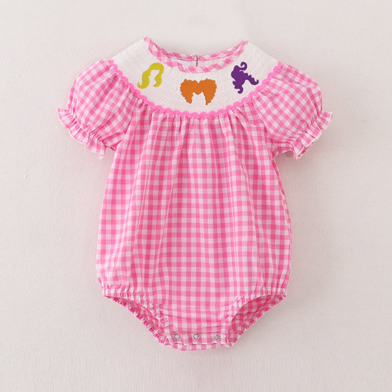 Infant Baby Girls Fall Halloween Pink Plaid Smocked Pumpkin Ghost Embroidery Romper Customized Kids Clothes Smocked Clothing