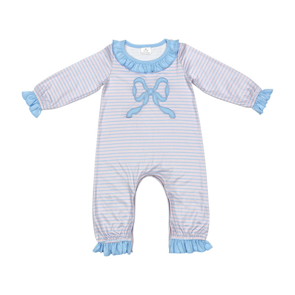 New arrival infant baby girl blue bow stripes long sleeve fall winter romper wholesale kids holiday romper baby clothes
