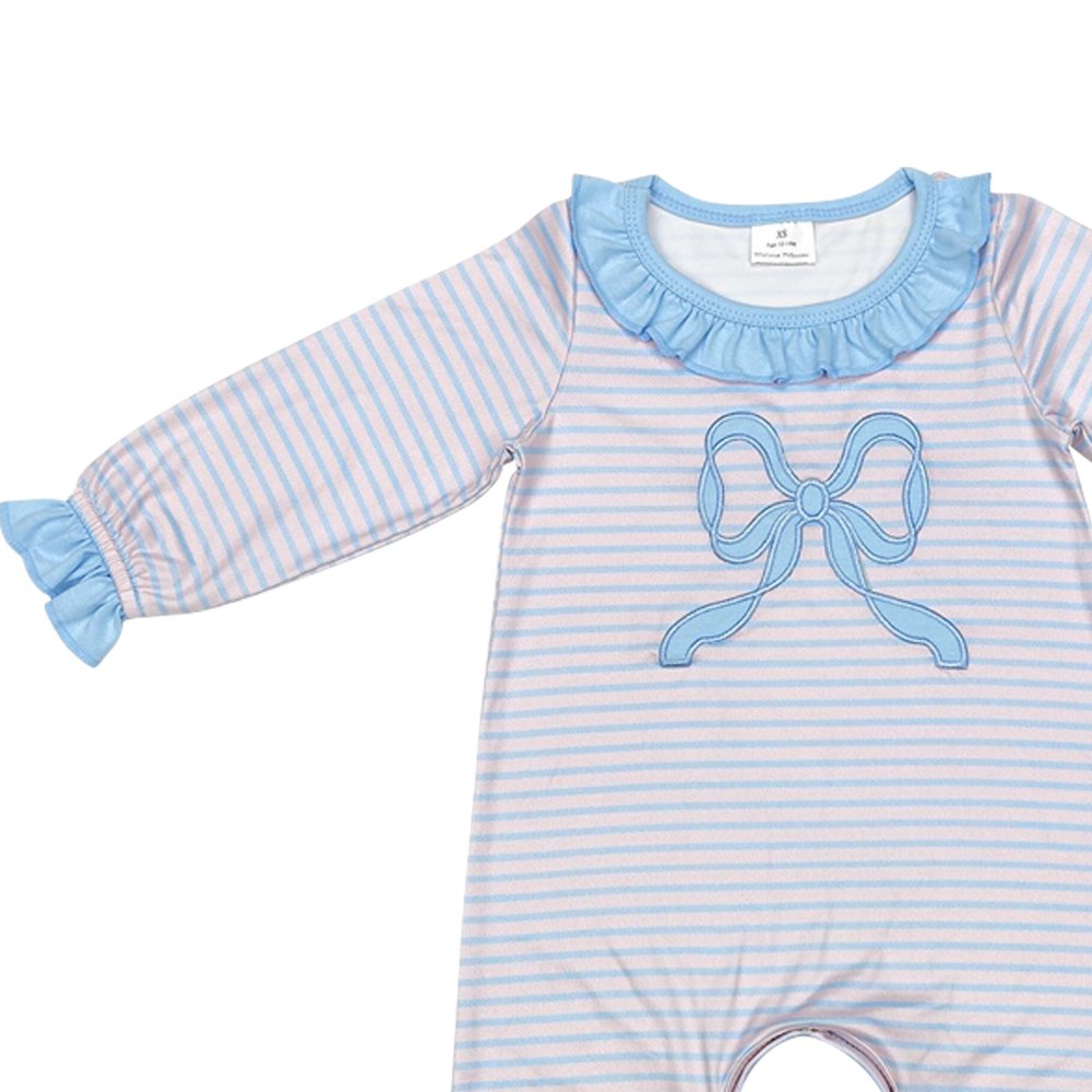 New arrival infant baby girl blue bow stripes long sleeve fall winter romper wholesale kids holiday romper baby clothes