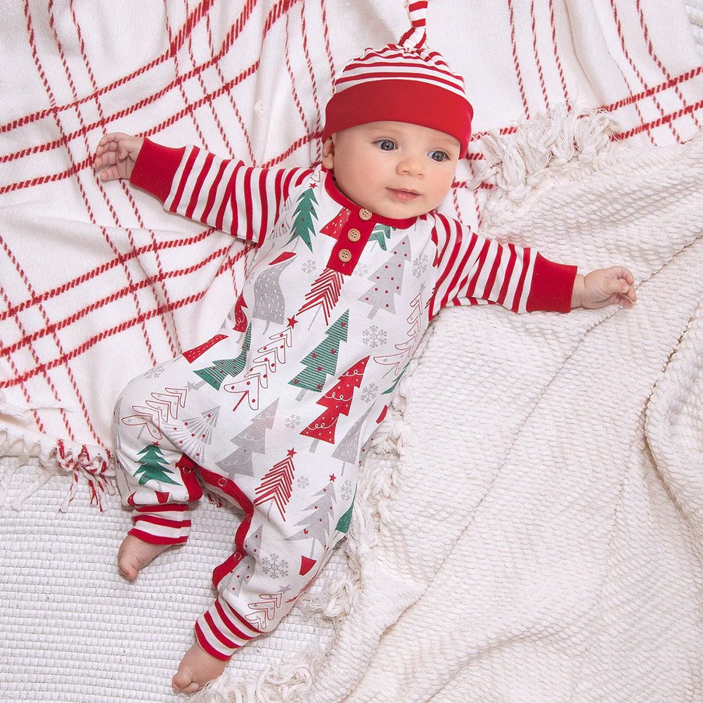 Organic bamboo christmas baby rompers baby jumpsuit custom print sleepsuit sustainable bamboo pajamas with button baby clothes