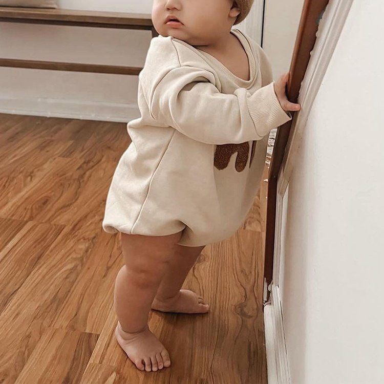 Fashion Full Sleeve Spring Snap Button Towel Embroidery Letter 100% Cotton Baby Rompers