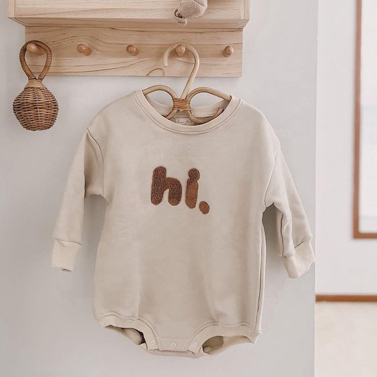 Fashion Full Sleeve Spring Snap Button Towel Embroidery Letter 100% Cotton Baby Rompers