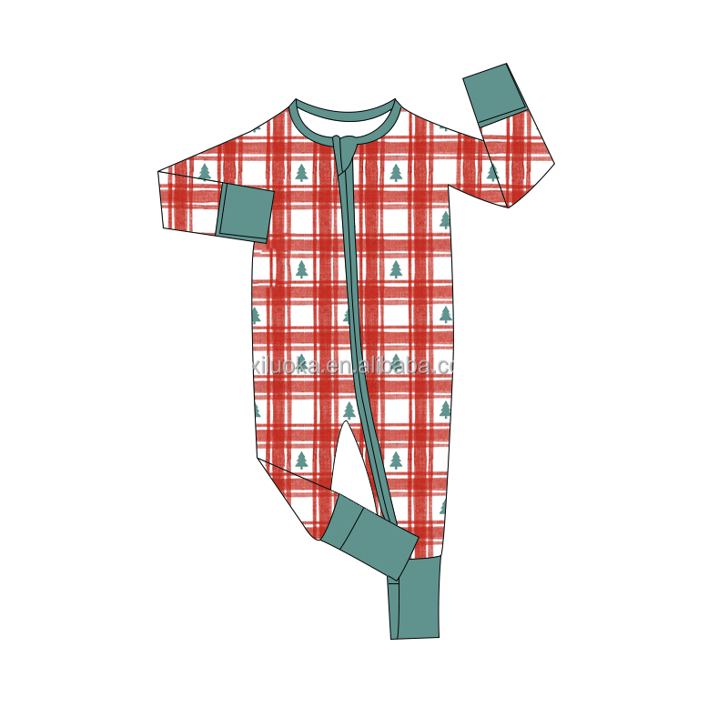 Hot Sale Long Sleeve Double Zipper Custom Printed Baby Romper Christmas Bamboo Kids Pajamas