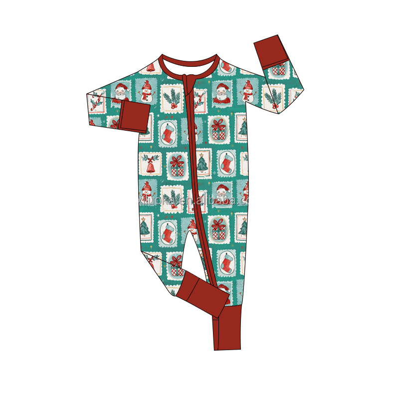 Hot Sale Long Sleeve Double Zipper Custom Printed Baby Romper Christmas Bamboo Kids Pajamas