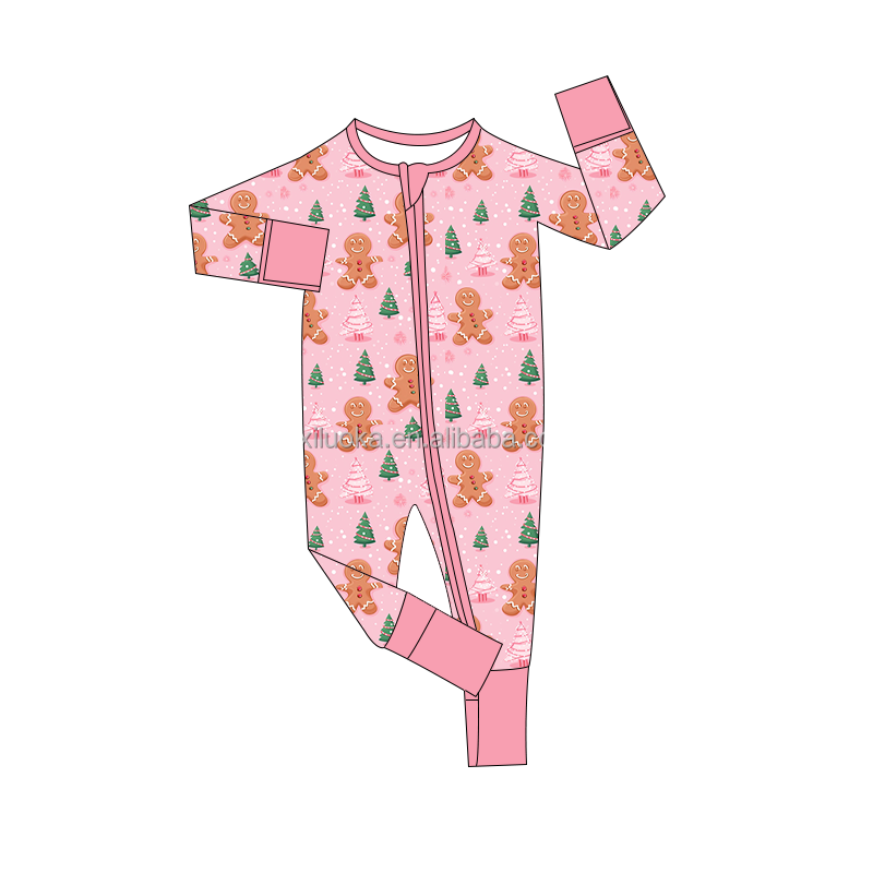 Hot Sale Long Sleeve Double Zipper Custom Printed Baby Romper Christmas Bamboo Kids Pajamas