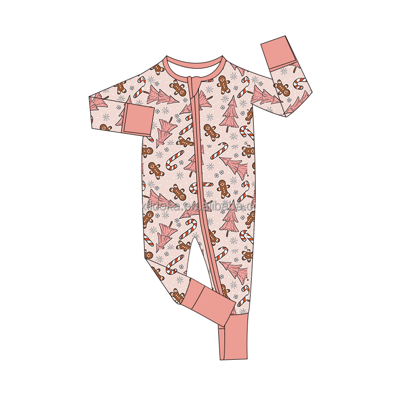 Hot Sale Long Sleeve Double Zipper Custom Printed Baby Romper Christmas Bamboo Kids Pajamas