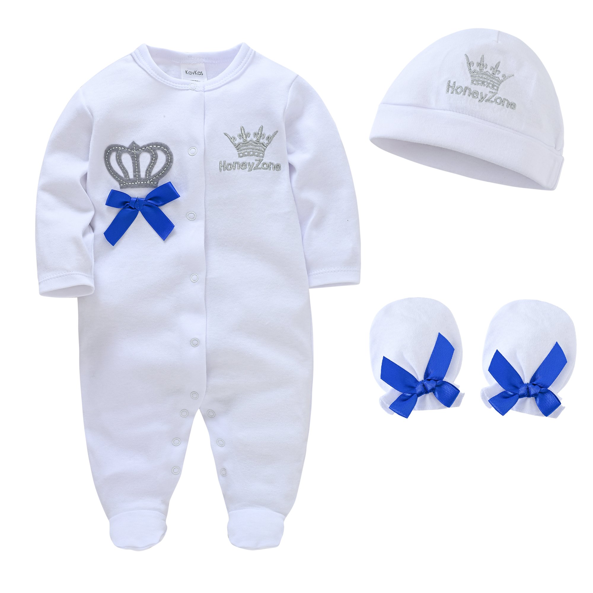100% Cotton Baby Clothing Sets Boys 0-3 Months Blue Baby Romper +Hats+Mittens Newborn Gift Set