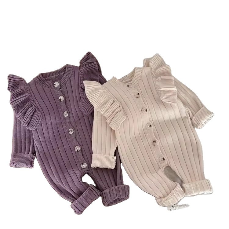 Rarewe ODM OEM Crew Neck Ruffle Romper Jumpsuits Buttons Down Solid Infant Girls Striped Knitted Baby Rompers