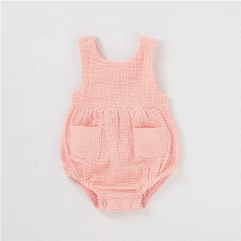 Super Cute Snap Crotch Muslin Suspenders Baby Girls Romper Organic Cotton