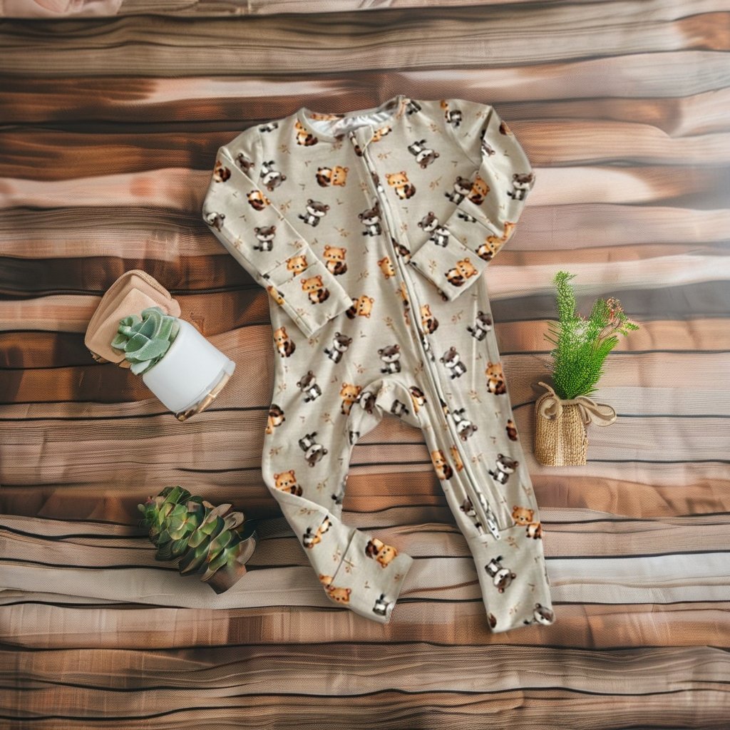 Custom Private Label Unisex Cute Design Print Cotton Baby Romper Cozy Snug Fitting Baby Convertible Cuffs Zipper Rompers