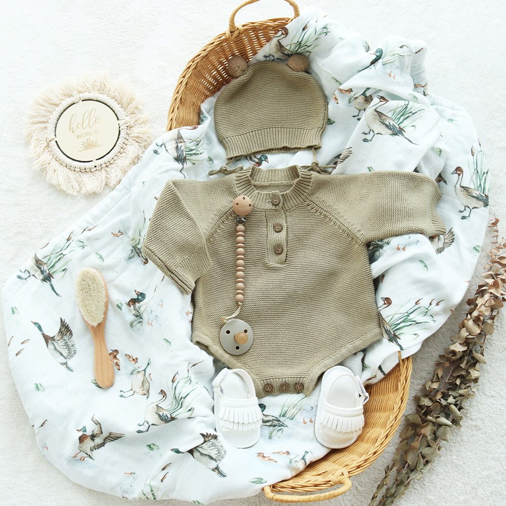100%cotton organic cotton knit newborn baby romper jumpsuit with matching hat beanie baby clothes for all seasons Teddy bears