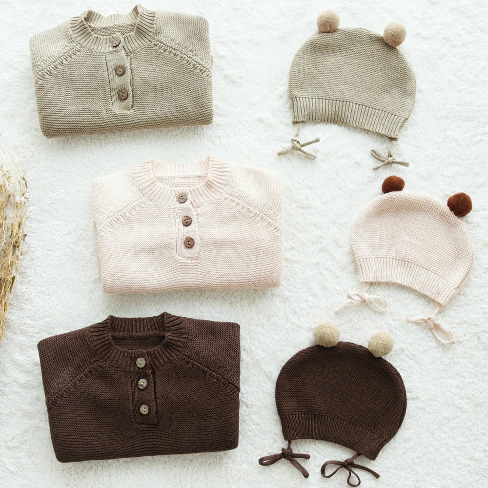 100%cotton organic cotton knit newborn baby romper jumpsuit with matching hat beanie baby clothes for all seasons Teddy bears