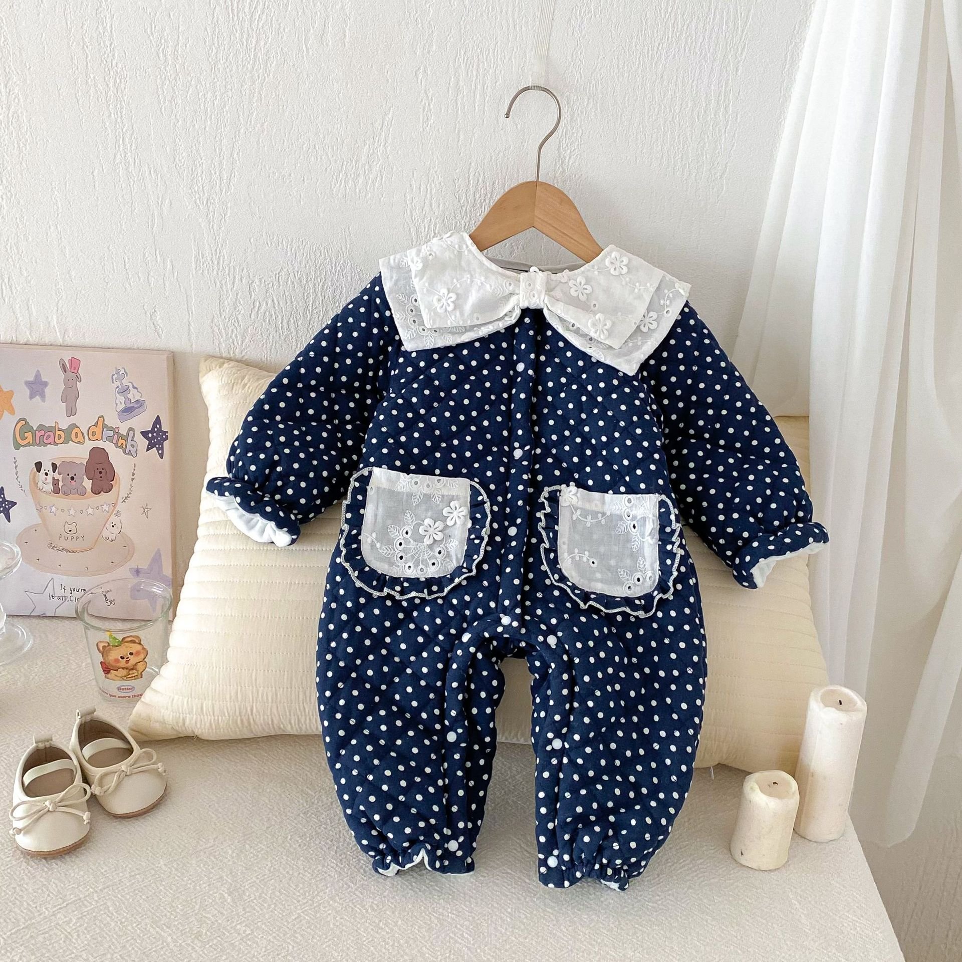 Wholesale 2024 Winter Baby Clothing Fashion Polka Dot Floral Long Sleeve Cotton Baby Rompers