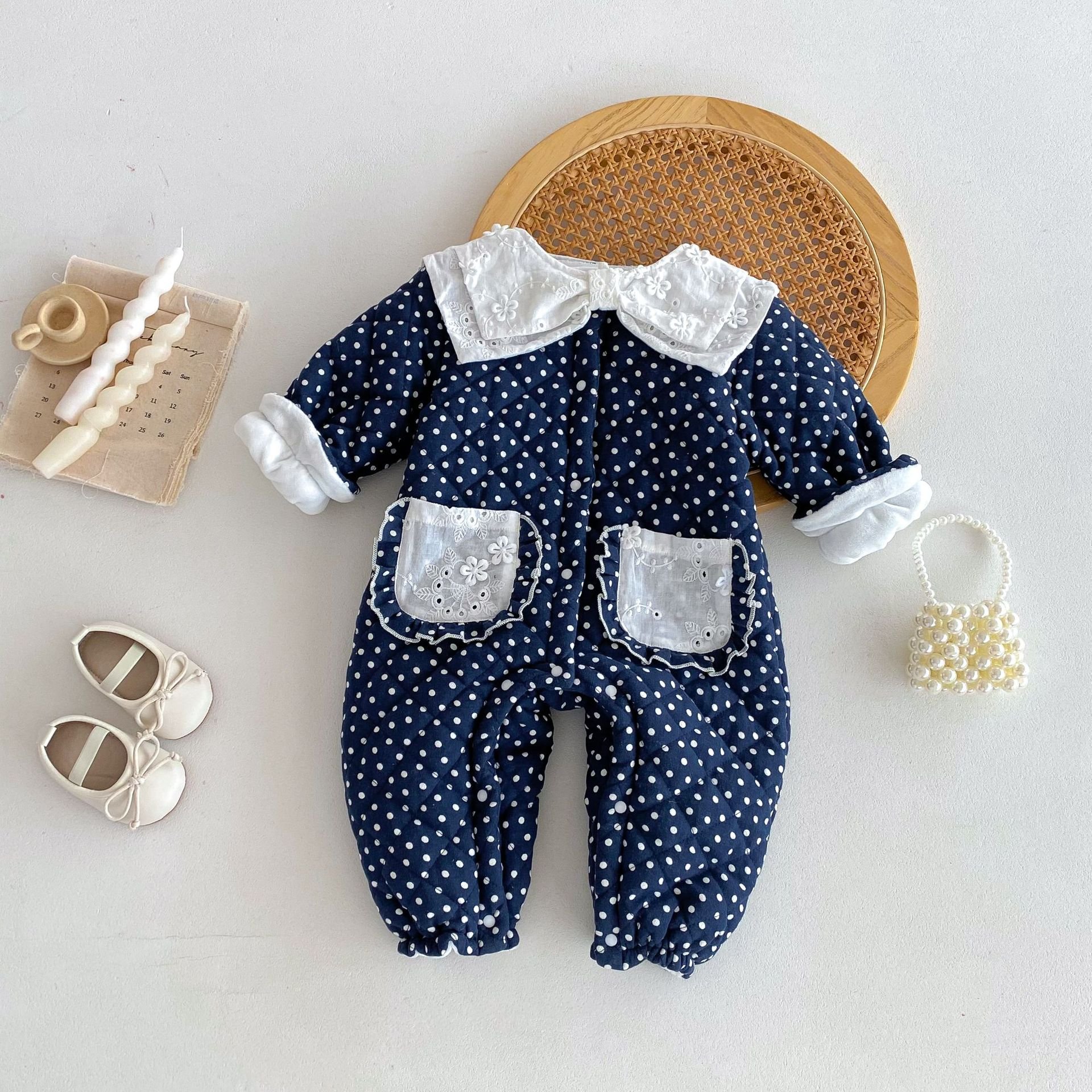 Wholesale 2024 Winter Baby Clothing Fashion Polka Dot Floral Long Sleeve Cotton Baby Rompers