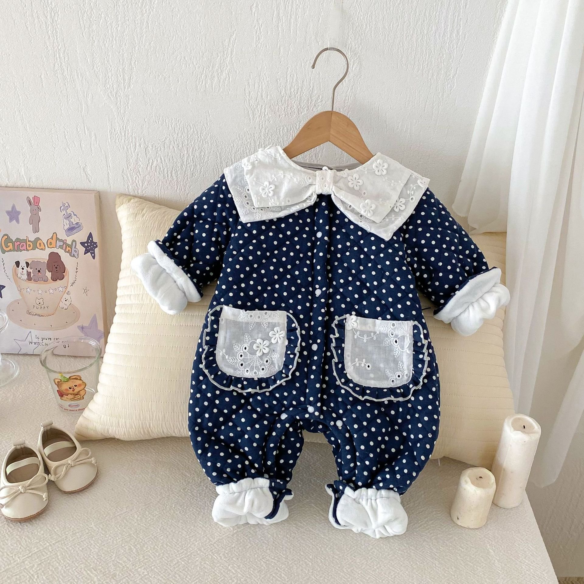 Wholesale 2024 Winter Baby Clothing Fashion Polka Dot Floral Long Sleeve Cotton Baby Rompers